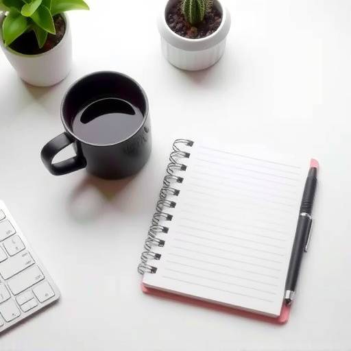 A clean desk setup with a notebook, pen, and a cup of coffee, symbolizing personal finance planning and budgeting.