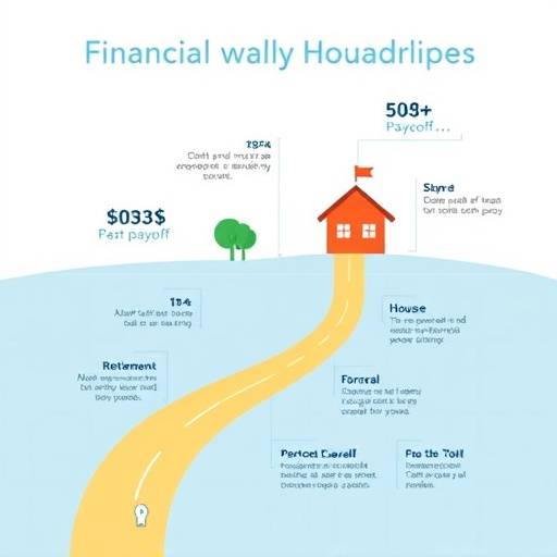 Roadmap with financial milestones including debt payoff, saving for a house, and retirement planning.
